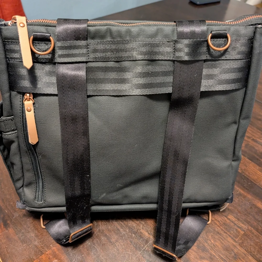 Petunia Pickle Bottom Pivot Black and Gray Diaper Bag, Rose Gold Hardware.